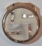 Vintage Fisher Mother of Pearl Abalone Shell Engraved Gold Tone Round Shaped Lighter Made in Japan