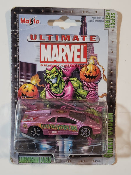 2002 Maisto Ultimate Marvel Lamborghini Diablo Green Goblin Metallic Purple Pink Die Cast Toy Car Vehicle New in Package