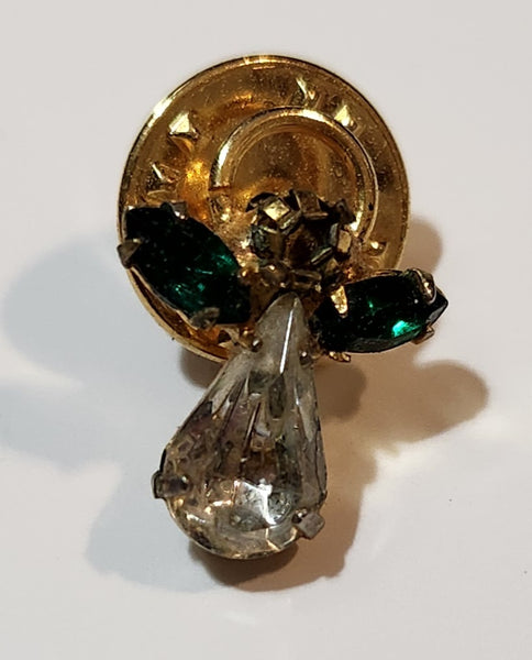 Angel Shaped Blue Green Emerald and Clear Rhinestone Gold Tone Metal Lapel Pin