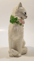 White Cat with Pink Rose Collar 6 3/4" Tall Porcelain Figurine Made in Japan