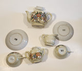 1945-1952 Occupied Japan Children's Size Green Floral Pattern Lustreware Tea Cup and Saucer Set of 2 with Sugar Bowl Creamer and Teapot