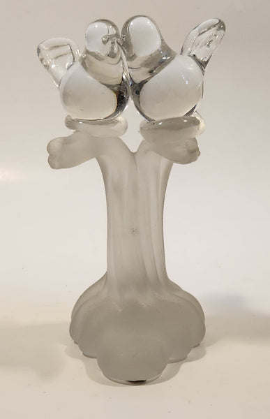 Silvestri Clear Art Glass Kissing Love Birds on Small Frosted Glass Branch Trunk 5 3/4" Sculpture