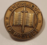 Rare Vintage Knowledge To Protect Book with Sword 3/4" Gold Tone Metal Lapel