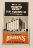 Vintage Map of Vancouver Burnaby New Westminster British Columbia Compliments of Bekins Moving & Storage Co. Ltd.