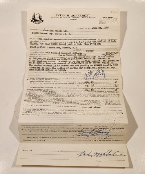 Vintage 1969 Interim Agreement Vancouver Real Estate Board Document Fraser Hwy Surrey