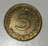 1968 Federal Republic of Germany 5 Pfenning Brass Steel Metal Coin