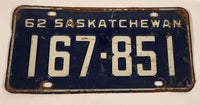 Vintage 1962 Saskatchewan White Lettering Dark Blue Vehicle License Plate Metal Tag 167 851