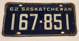Vintage 1962 Saskatchewan White Lettering Dark Blue Vehicle License Plate Metal Tag 167 851