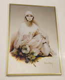 Rare Vintage 1970s Sara Moon "Moshgan" Lady with Flowers Art Picture 11 3/4" x 17 3/4" Glass Mirror Wall Hanging