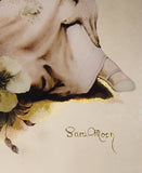 Rare Vintage 1970s Sara Moon "Moshgan" Lady with Flowers Art Picture 11 3/4" x 17 3/4" Glass Mirror Wall Hanging