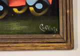 Vintage Signed Mexican Artwork Snoopy in Pedal Car 14 1/2" x 20 1/2" Original Painting on Black Velvet in Wood Frame