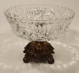 Vintage Ornate Brass Footed Pedestal Pinwheel Crystal Glass Bowl