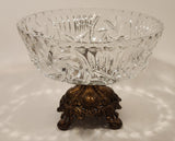 Vintage Ornate Brass Footed Pedestal Pinwheel Crystal Glass Bowl
