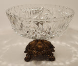 Vintage Ornate Brass Footed Pedestal Pinwheel Crystal Glass Bowl