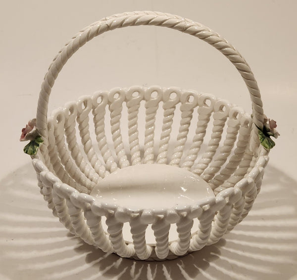La Huerta Pink Flower White Lattice Work Candy Bowl Dish Hand Made in Manises Spain HAS TWO CRACKS