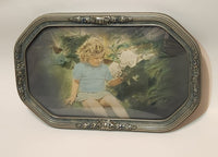 Antique Victorian Convex Curved Glass Silver Painted Wood Frame of Girl Sitting in Flower Garden 14" x 22"