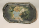 Antique Victorian Convex Curved Glass Silver Painted Wood Frame of Girl Sitting in Flower Garden 14" x 22"