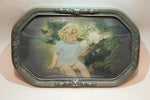 Antique Victorian Convex Curved Glass Silver Painted Wood Frame of Girl Sitting in Flower Garden 14" x 22"