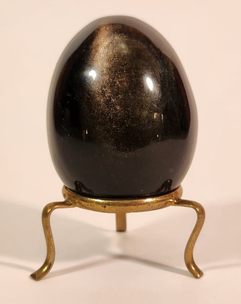 Polished Natural Quartz Onyx Black Stone Egg Handmade Collectors Egg on Small Brass Stand