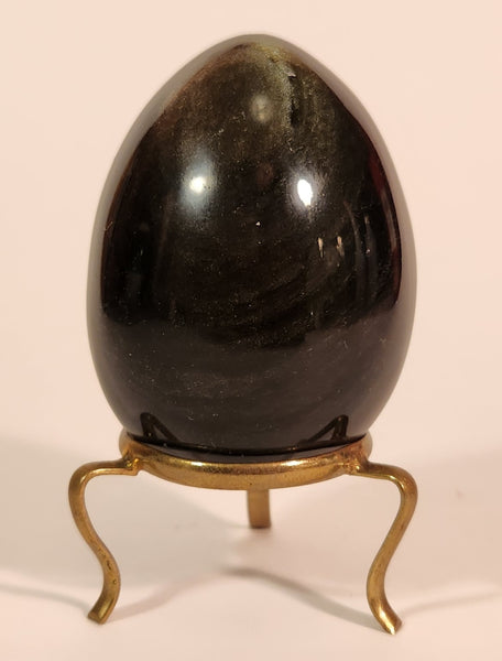 Polished Natural Quartz Onyx Black Stone Egg Handmade Collectors Egg on Small Brass Stand
