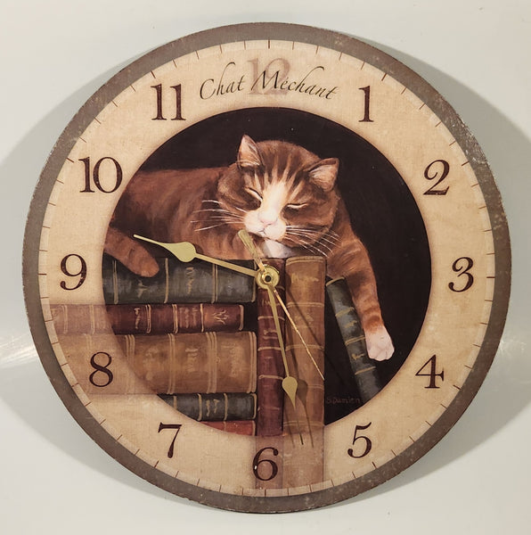 FirsTime Chat Mechant "Naughty Cat" Laying On Top Of A Stack Of Books 11 1/2" Round Wall Clock with Paper Hands