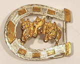 Three Horse Heads in Horse Shoe Gold Tone Metal Belt Buckle