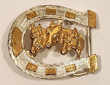 Three Horse Heads in Horse Shoe Gold Tone Metal Belt Buckle