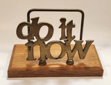 Vintage "Do It Now" Solid Brass and Oak Wood Desktop Office Bill Letter Folder Holder