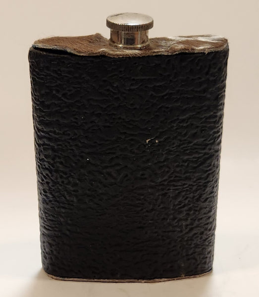 Fur Top and Bottom Black Textured Leather Wrapped Stainless Steel Hip Flask