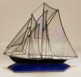 Vintage Beautiful Cobalt Blue and Clear Iridescent 9" Leaded Stained Glass Ship Sail Boat Sculpture