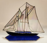 Vintage Beautiful Cobalt Blue and Clear Iridescent 9" Leaded Stained Glass Ship Sail Boat Sculpture
