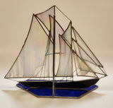 Vintage Beautiful Cobalt Blue and Clear Iridescent 9" Leaded Stained Glass Ship Sail Boat Sculpture