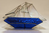 Vintage Beautiful Cobalt Blue and Clear Iridescent 9" Leaded Stained Glass Ship Sail Boat Sculpture