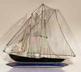 Vintage Beautiful Cobalt Blue and Clear Iridescent 9" Leaded Stained Glass Ship Sail Boat Sculpture