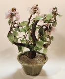 Vintage Chinese Art 12 1/2" Tall Pink Cherry Blossom Green Glass Jade Tree Ceramic Planter Fake Plant Sculpture