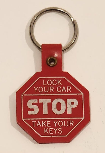 STOP Lock Your Car Take Your Keys Prevent Crime Working Together Red Plastic Fob Keychain Ring