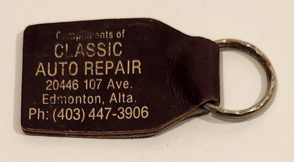 Compliments Classic Auto Repair Edmonton Alberta Brown Leather Fob Keychain Ring
