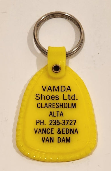 Vintage Vamda Shoes Ltd. Claresholm Alberta Vance & Edna Van Dam Yellow Plastic Fob Keychain Ring