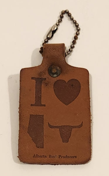 Vintage I Love Alberta Beef Producers Brown Leather Fob Keychain Ring