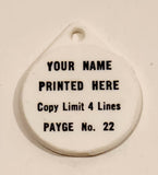 Vintage Salesman Sample Payge No. 22 Your Name Printed Here Copy Limit 4 Lines White Plastic Fob Keychain