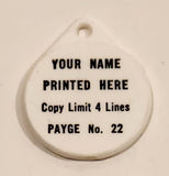 Vintage Salesman Sample Payge No. 22 Your Name Printed Here Copy Limit 4 Lines White Plastic Fob Keychain