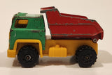 Vintage 1977 Universal Associated Co. Ltd. Dump Truck Green Red Yellow Pressed Steel and Plastic Toy Car Vehicle Made in Hong Kong