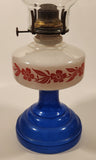 Antique Queen Ann Home Sweet Home Red Flower Decor Milk Glass and Blue Glass 18" Tall Oil Lamp