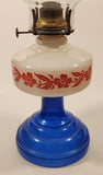 Antique Queen Ann Home Sweet Home Red Flower Decor Milk Glass and Blue Glass 18" Tall Oil Lamp