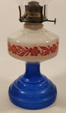 Antique Queen Ann Home Sweet Home Red Flower Decor Milk Glass and Blue Glass 18" Tall Oil Lamp