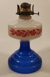 Antique Queen Ann Home Sweet Home Red Flower Decor Milk Glass and Blue Glass 18" Tall Oil Lamp