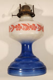 Antique Queen Ann Home Sweet Home Red Flower Decor Milk Glass and Blue Glass 18" Tall Oil Lamp