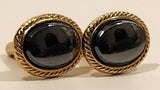Vintage Black Mirrored Moonglow Iridescent Gemstone Gold Tone Cufflinks