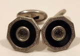 Antique Edwardian Black Enamel Rhinestone Octagonal Shaped Silver Tone Cufflinks