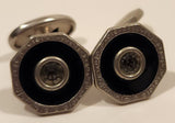 Antique Edwardian Black Enamel Rhinestone Octagonal Shaped Silver Tone Cufflinks